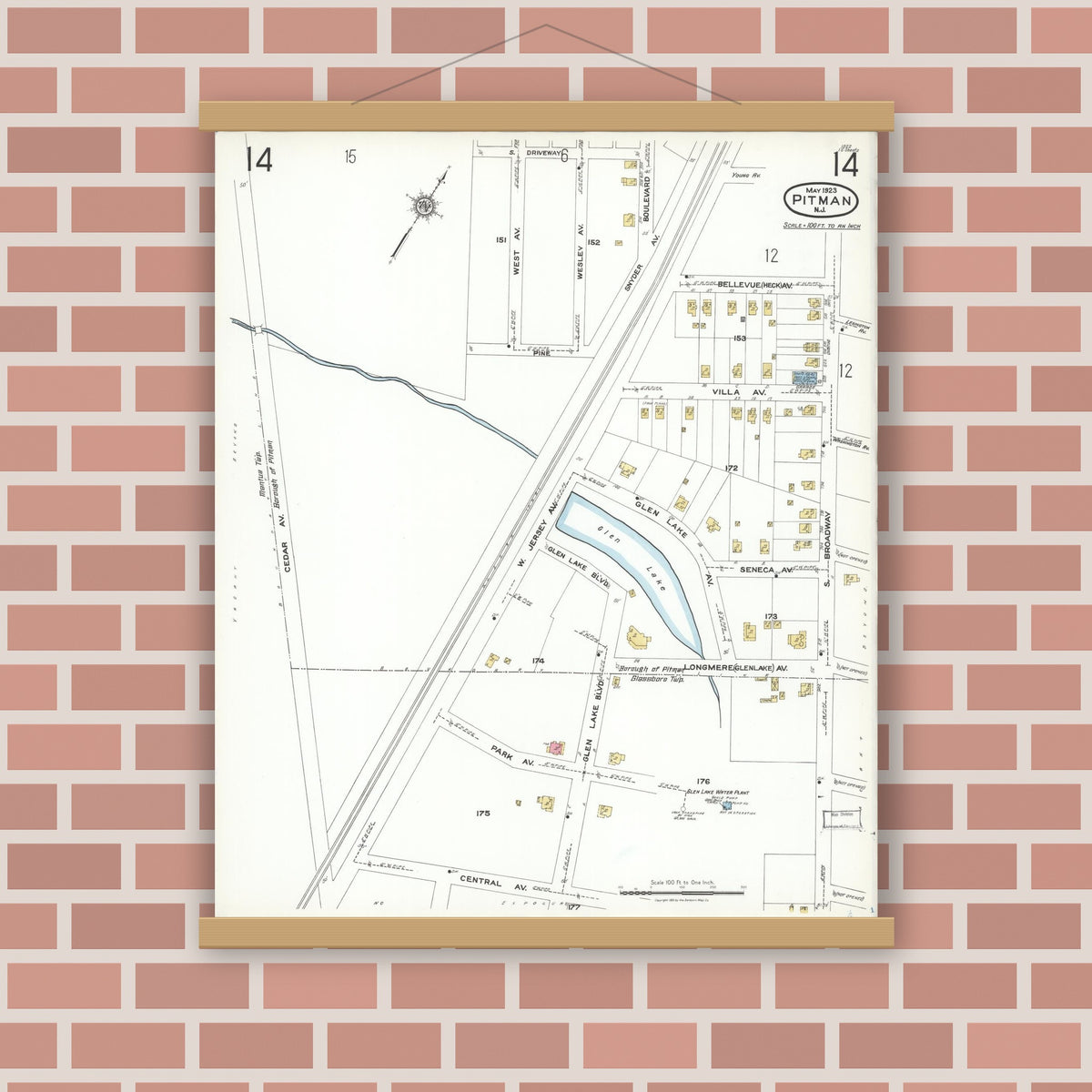 Old map wall art mockup — magnetic wood frame on brick wall — Sanborn Fire Insurance Map from Pitman, Gloucester County, New Jersey (1923), Sheet #0014