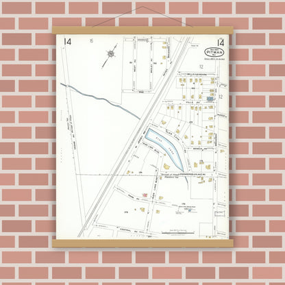Old map wall art mockup — magnetic wood frame on brick wall — Sanborn Fire Insurance Map from Pitman, Gloucester County, New Jersey (1923), Sheet #0014