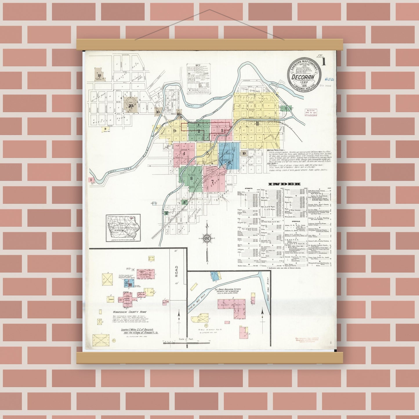 Old map wall art mockup — magnetic wood frame on brick wall — Sanborn Fire Insurance Map from Decorah, Winneshiek County, Iowa (1914) â€” Complete Set