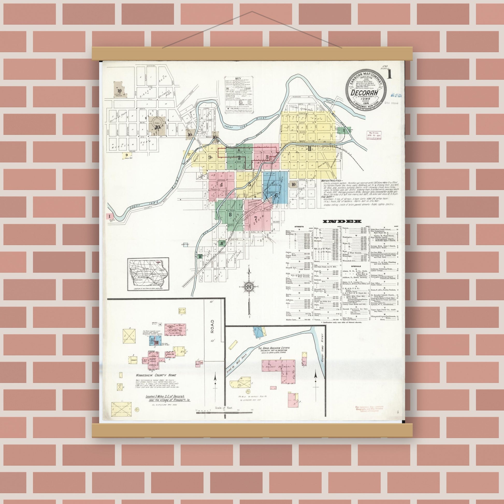 Old map wall art mockup — magnetic wood frame on brick wall — Sanborn Fire Insurance Map from Decorah, Winneshiek County, Iowa (1914) â€” Complete Set