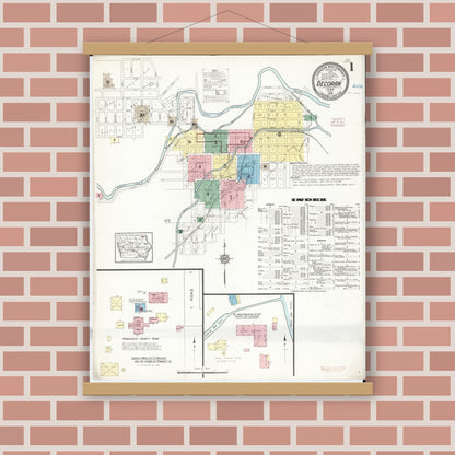 Old map wall art mockup — magnetic wood frame on brick wall — Sanborn Fire Insurance Map from Decorah, Winneshiek County, Iowa (1914) â€” Complete Set