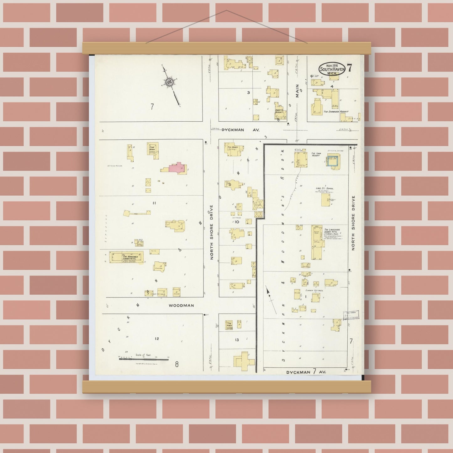 Old map wall art mockup — magnetic wood frame on brick wall — Sanborn Fire Insurance Map from South Haven, Van Buren County, Michigan (1916), Sheet #0007