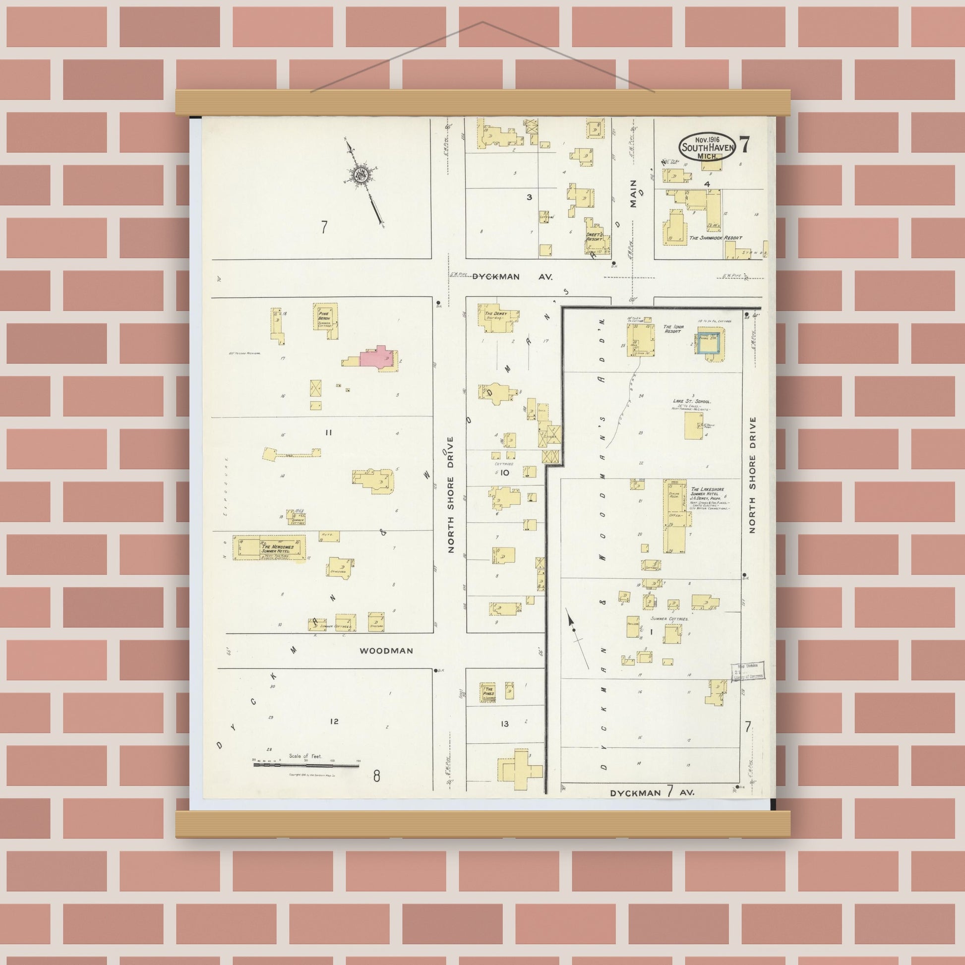 Old map wall art mockup — magnetic wood frame on brick wall — Sanborn Fire Insurance Map from South Haven, Van Buren County, Michigan (1916), Sheet #0007