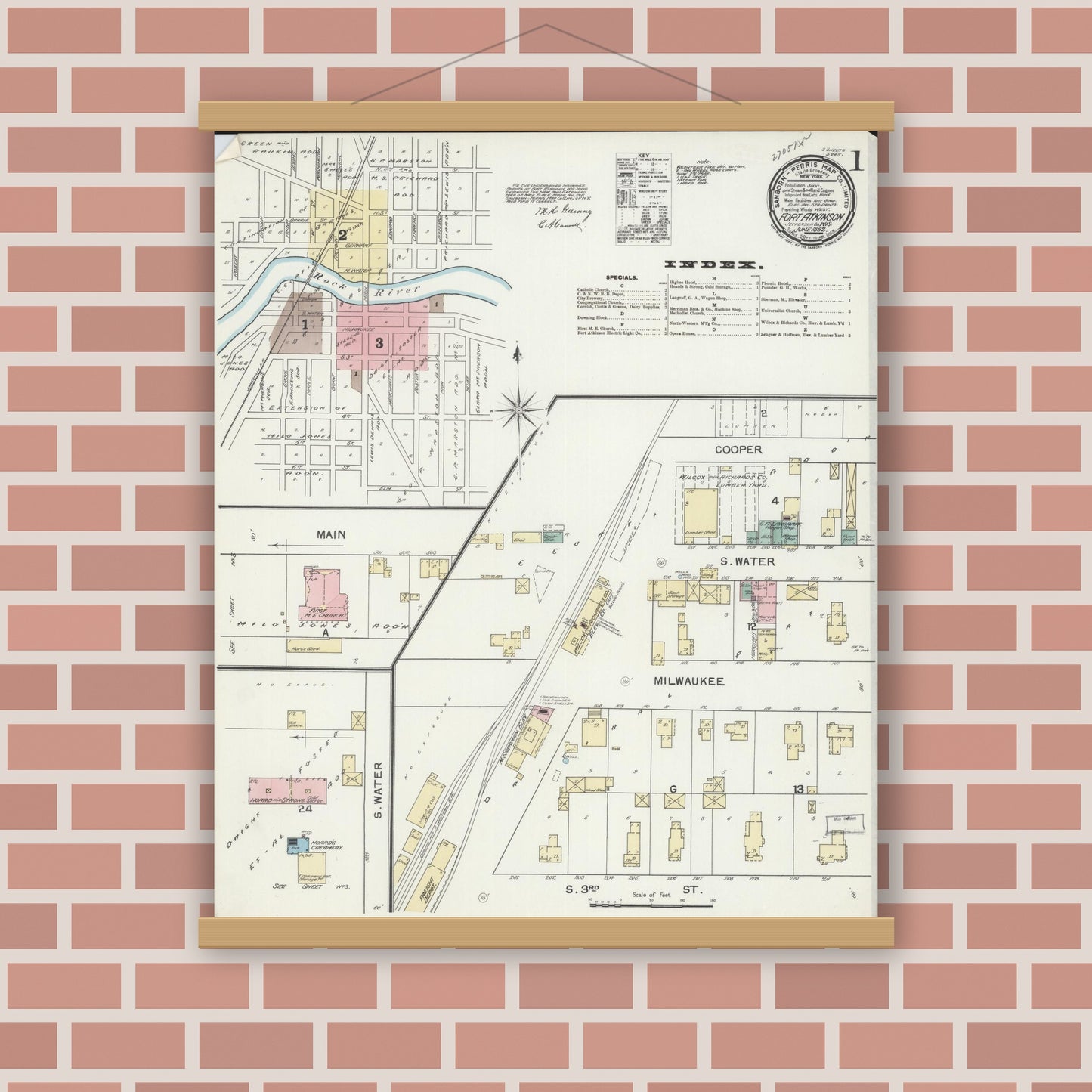 Old map wall art mockup — magnetic wood frame on brick wall — Sanborn Fire Insurance Map from Fort Atkinson, Jefferson County, Wisconsin (1892) - Complete Map Set
