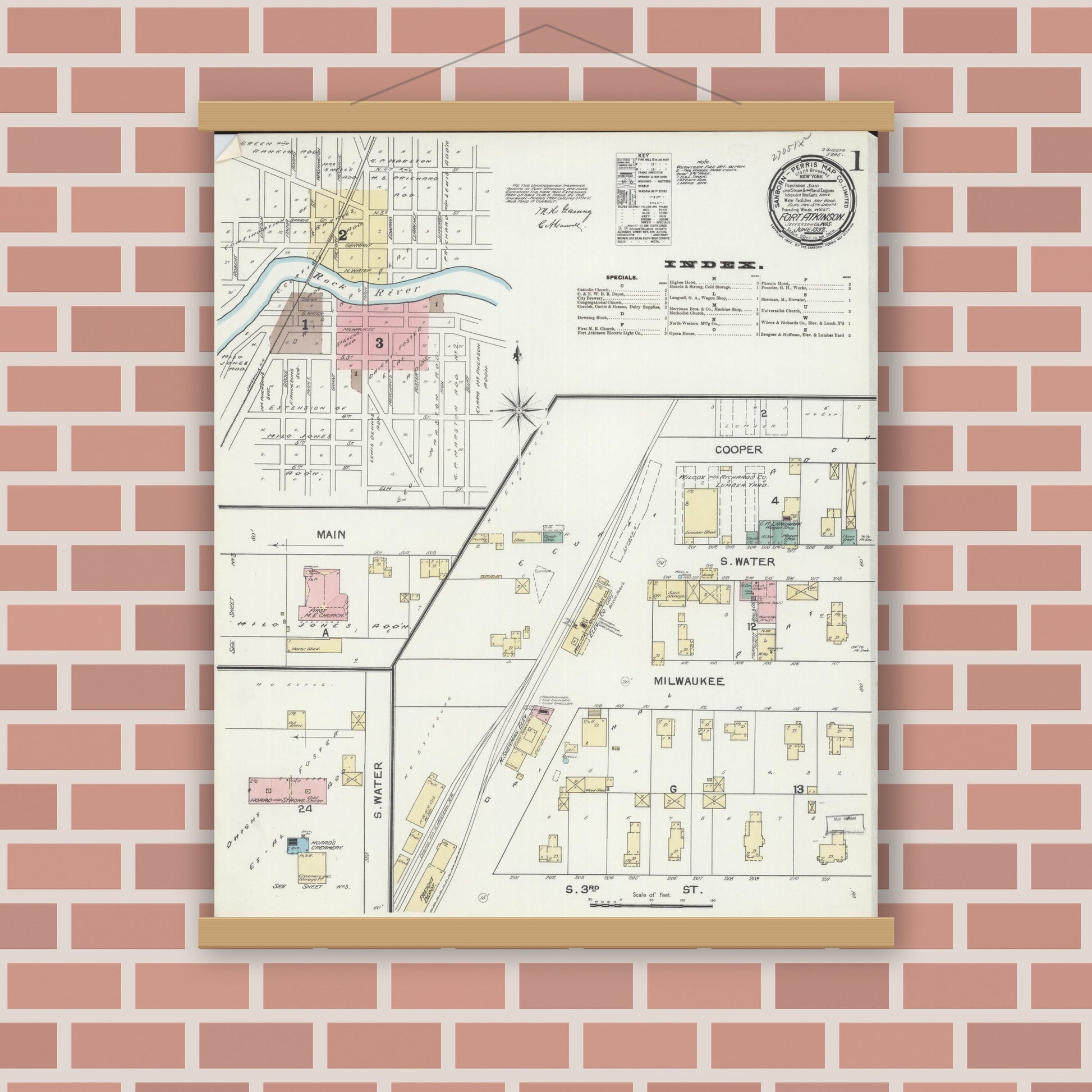 Old map wall art mockup — magnetic wood frame on brick wall — Sanborn Fire Insurance Map from Fort Atkinson, Jefferson County, Wisconsin (1892) - Complete Map Set