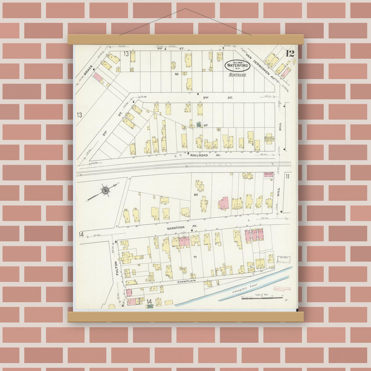Old map wall art mockup — magnetic wood frame on brick wall — Sanborn Fire Insurance Map from Waterford, Saratoga County, New York (1909), Sheet #0012