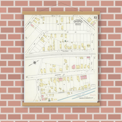 Old map wall art mockup — magnetic wood frame on brick wall — Sanborn Fire Insurance Map from Waterford, Saratoga County, New York (1909), Sheet #0012
