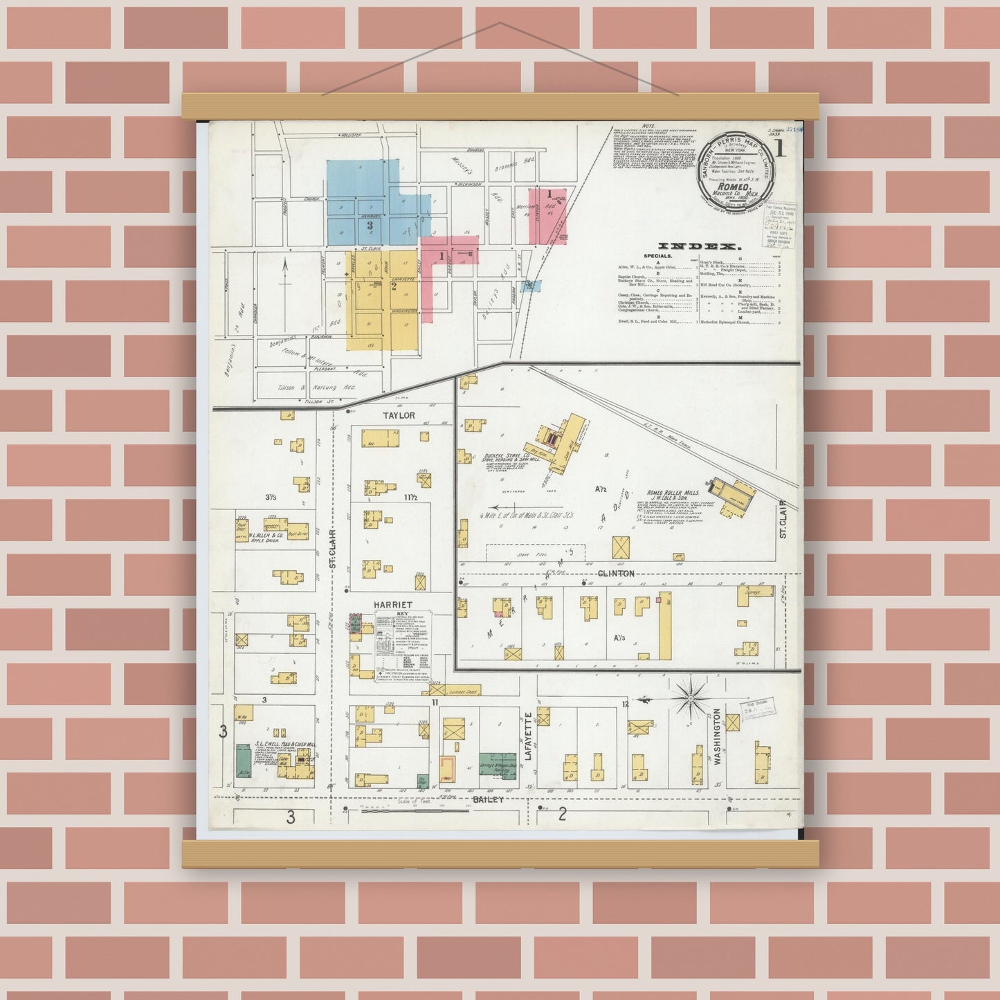 Old map wall art mockup — magnetic wood frame on brick wall — Sanborn Fire Insurance Map from Romeo, Macomb County, Michigan (1900) - Complete Map Set