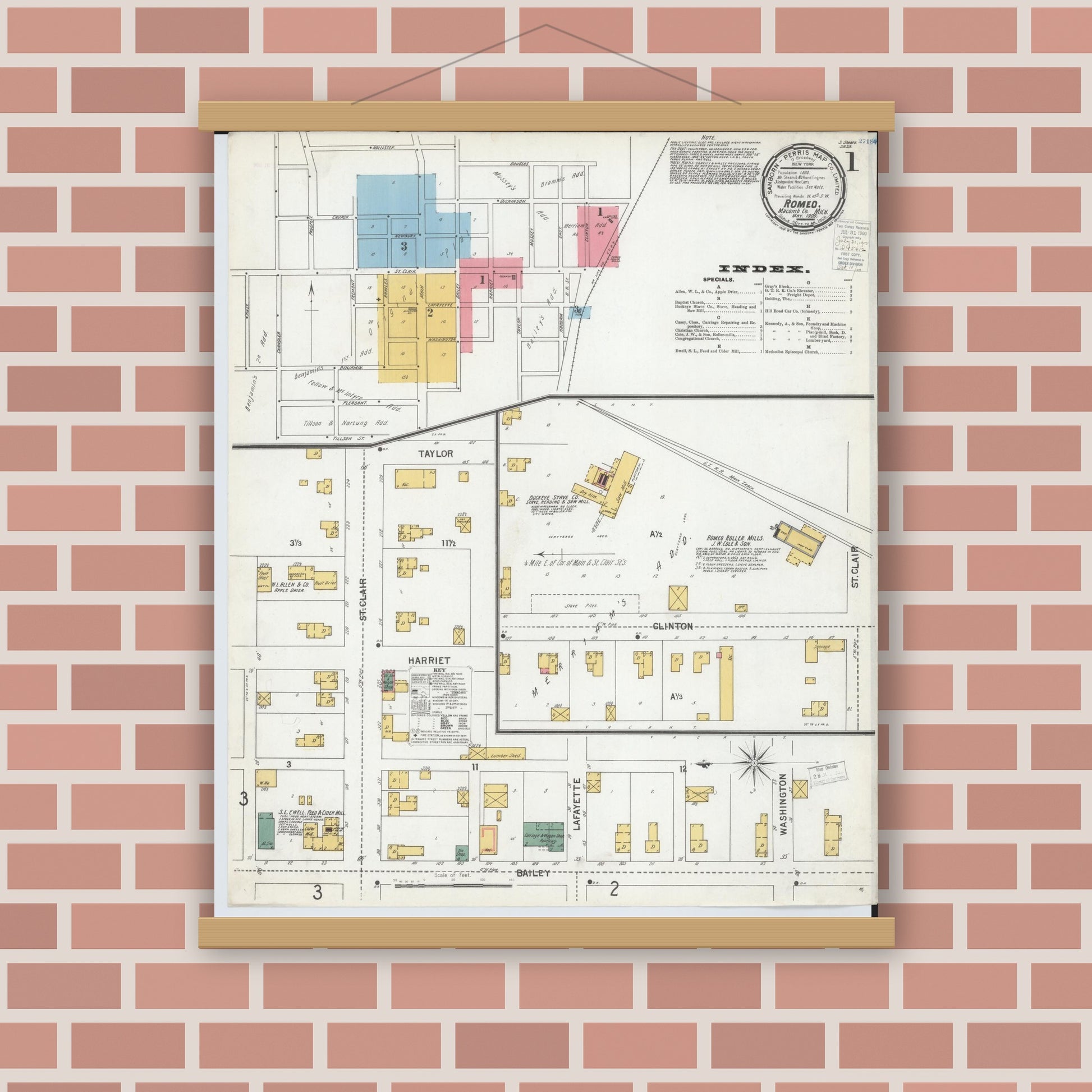 Old map wall art mockup — magnetic wood frame on brick wall — Sanborn Fire Insurance Map from Romeo, Macomb County, Michigan (1900) - Complete Map Set