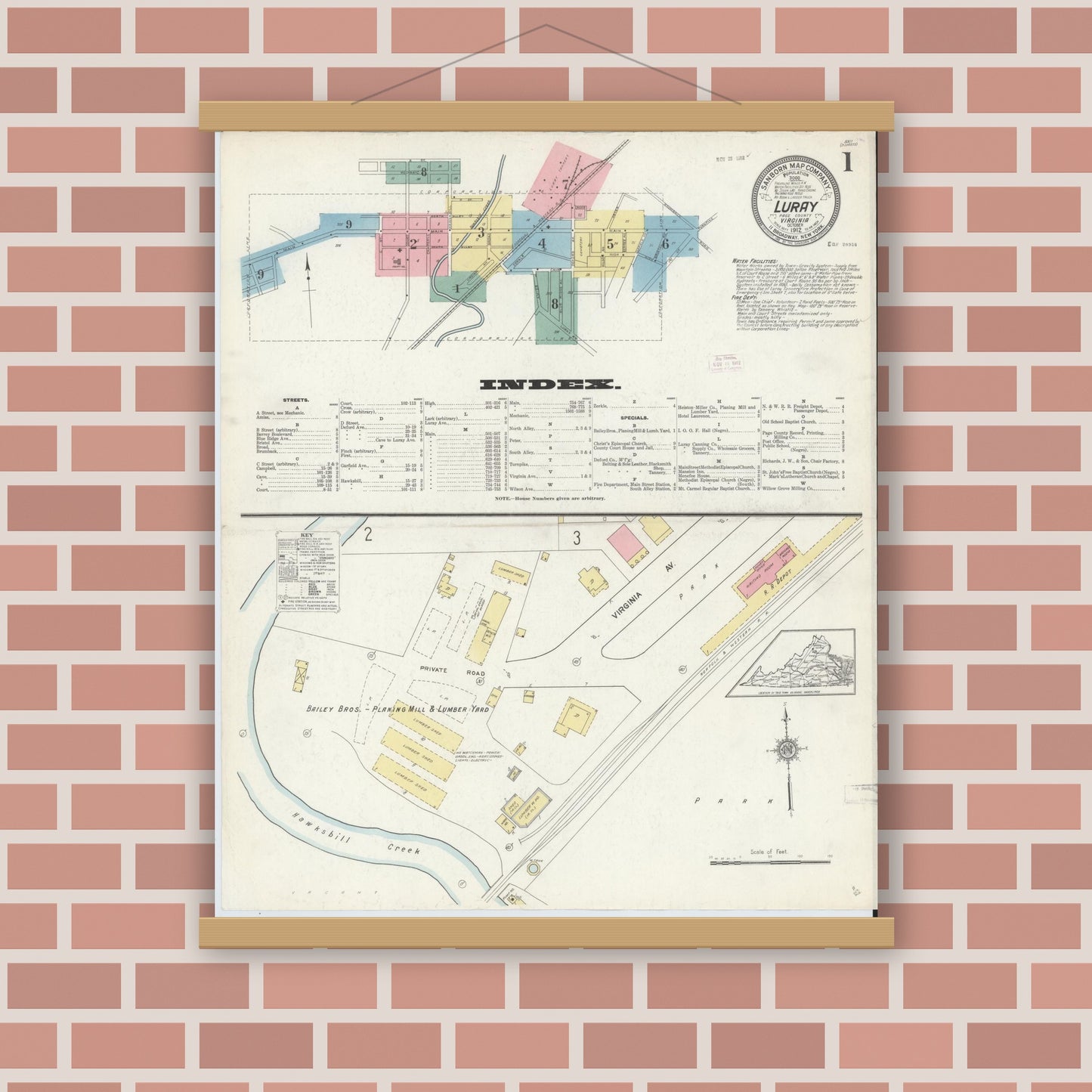 Old map wall art mockup — magnetic wood frame on brick wall — Sanborn Fire Insurance Map from Luray, Page County, Virginia (1912) - Complete Map Set