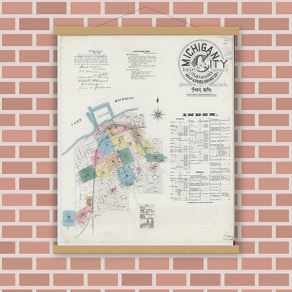 Old map wall art mockup — magnetic wood frame on brick wall — Sanborn Fire Insurance Map from Michigan City, La Porte County, Indiana (1889) - Complete Map Set