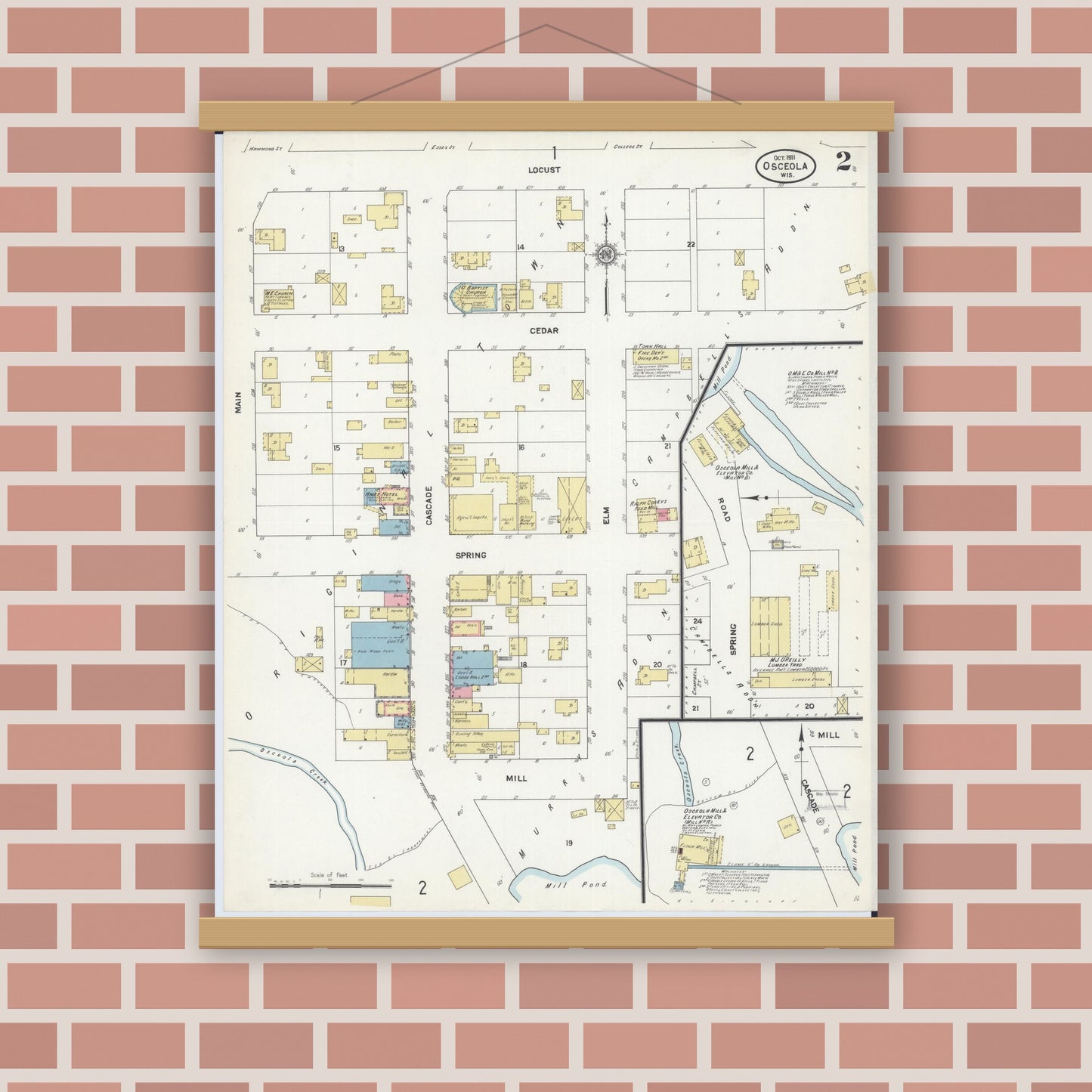 Old map wall art mockup — magnetic wood frame on brick wall — Sanborn Fire Insurance Map from Osceola, Polk County, Wisconsin (1911), Sheet #0002