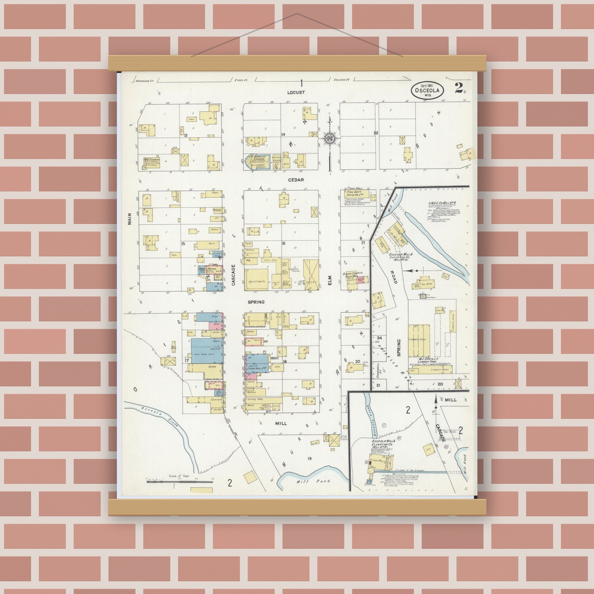 Old map wall art mockup — magnetic wood frame on brick wall — Sanborn Fire Insurance Map from Osceola, Polk County, Wisconsin (1911), Sheet #0002