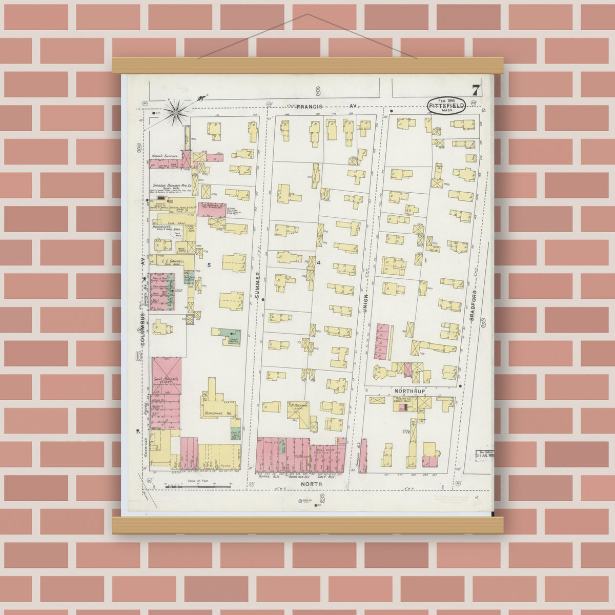 Old map wall art mockup — magnetic wood frame on brick wall — Sanborn Fire Insurance Map from Pittsfield, Berkshire County, Massachusetts (1895), Sheet #0007