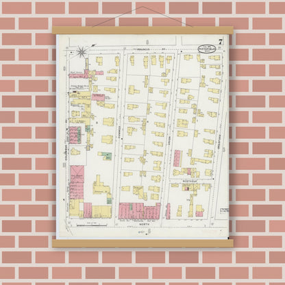 Old map wall art mockup — magnetic wood frame on brick wall — Sanborn Fire Insurance Map from Pittsfield, Berkshire County, Massachusetts (1895), Sheet #0007