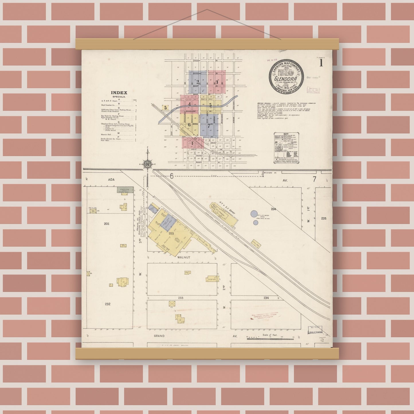 Old map wall art mockup — magnetic wood frame on brick wall — Sanborn Fire Insurance Map from Glendora, Los Angeles County, California (1910), Sheet #0001