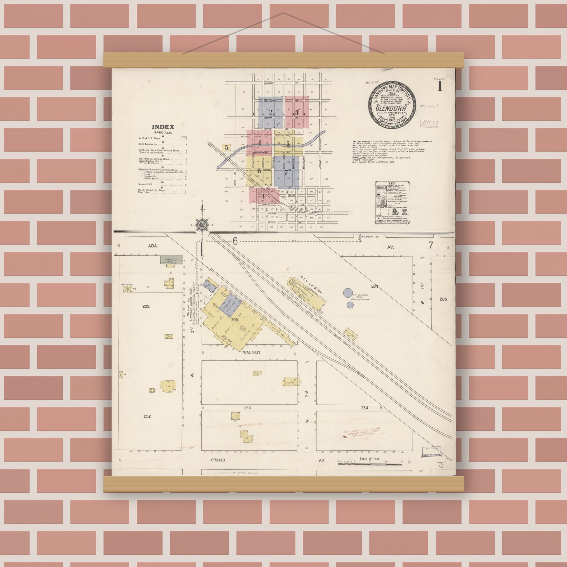 Old map wall art mockup — magnetic wood frame on brick wall — Sanborn Fire Insurance Map from Glendora, Los Angeles County, California (1910), Sheet #0001