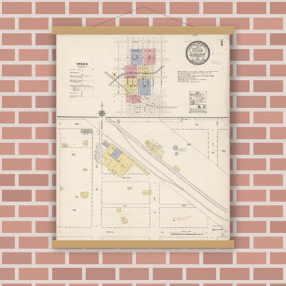 Old map wall art mockup — magnetic wood frame on brick wall — Sanborn Fire Insurance Map from Glendora, Los Angeles County, California (1910), Sheet #0001