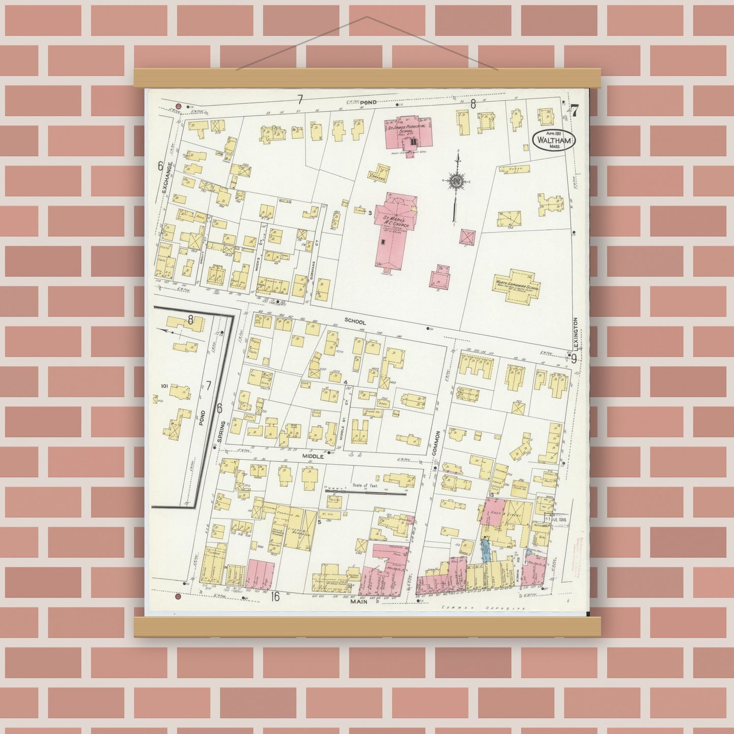Old map wall art mockup — magnetic wood frame on brick wall — Sanborn Fire Insurance Map from Waltham, Middlesex County, Massachusetts (1911), Sheet #0007