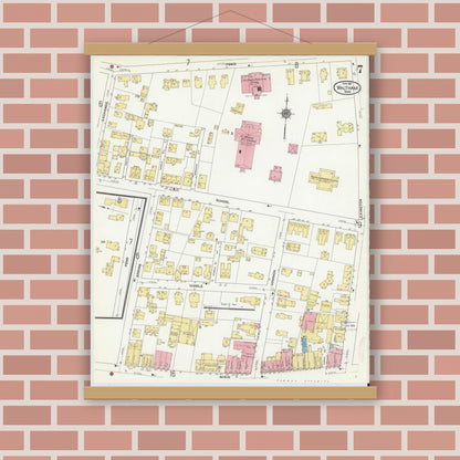 Old map wall art mockup — magnetic wood frame on brick wall — Sanborn Fire Insurance Map from Waltham, Middlesex County, Massachusetts (1911), Sheet #0007