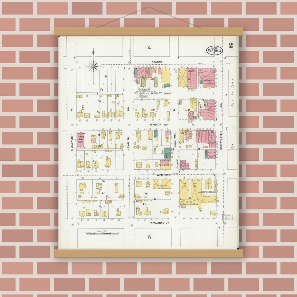 Old map wall art mockup — magnetic wood frame on brick wall — Sanborn Fire Insurance Map from Marshall, Saline County, Missouri (1900), Sheet #0002