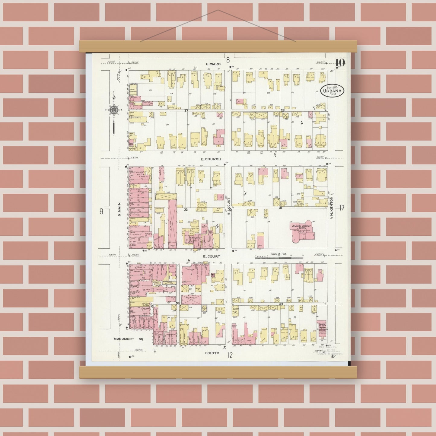 Old map wall art mockup — magnetic wood frame on brick wall — Sanborn Fire Insurance Map from Urbana, Champaign County, Ohio (1910), Sheet #0010