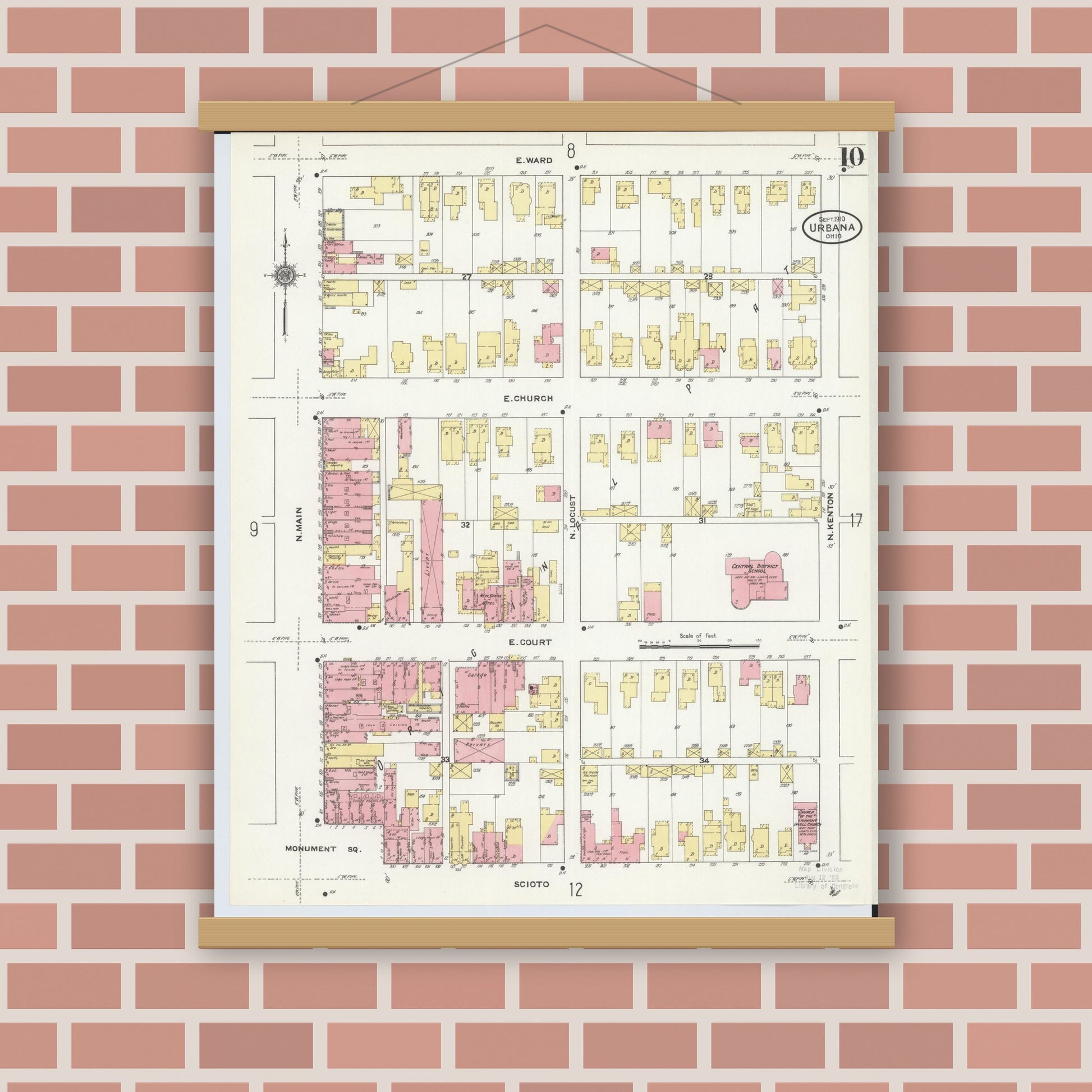 Old map wall art mockup — magnetic wood frame on brick wall — Sanborn Fire Insurance Map from Urbana, Champaign County, Ohio (1910), Sheet #0010