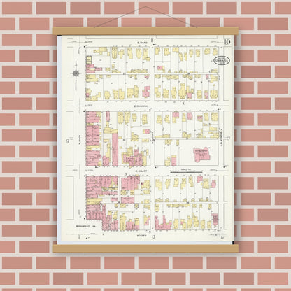 Old map wall art mockup — magnetic wood frame on brick wall — Sanborn Fire Insurance Map from Urbana, Champaign County, Ohio (1910), Sheet #0010