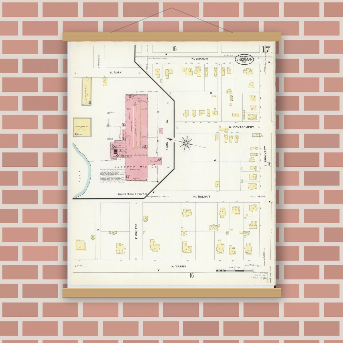 Old map wall art mockup — magnetic wood frame on brick wall — Sanborn Fire Insurance Map from Sherman, Grayson County, Texas (1908), Sheet #0017