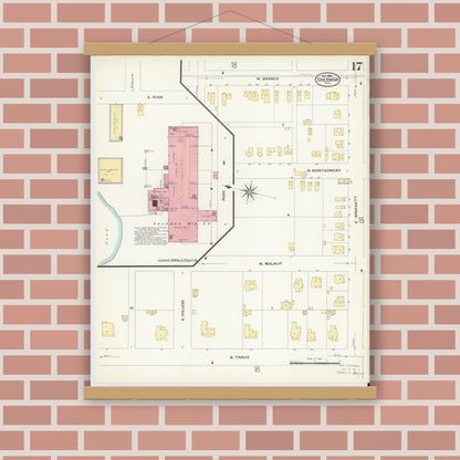 Old map wall art mockup — magnetic wood frame on brick wall — Sanborn Fire Insurance Map from Sherman, Grayson County, Texas (1908), Sheet #0017