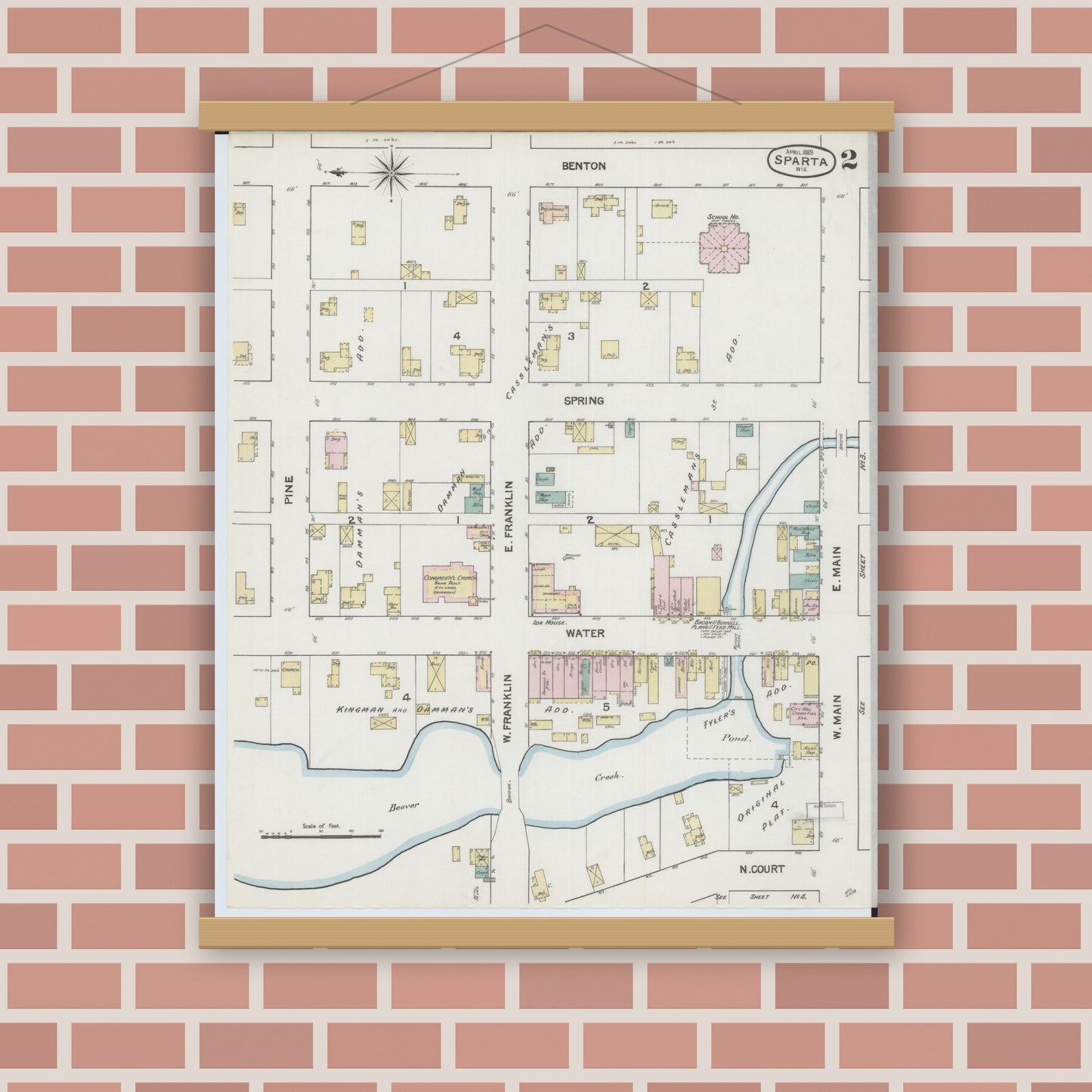 Old map wall art mockup — magnetic wood frame on brick wall — Sanborn Fire Insurance Map from Sparta, Monroe County, Wisconsin (1889), Sheet #0002
