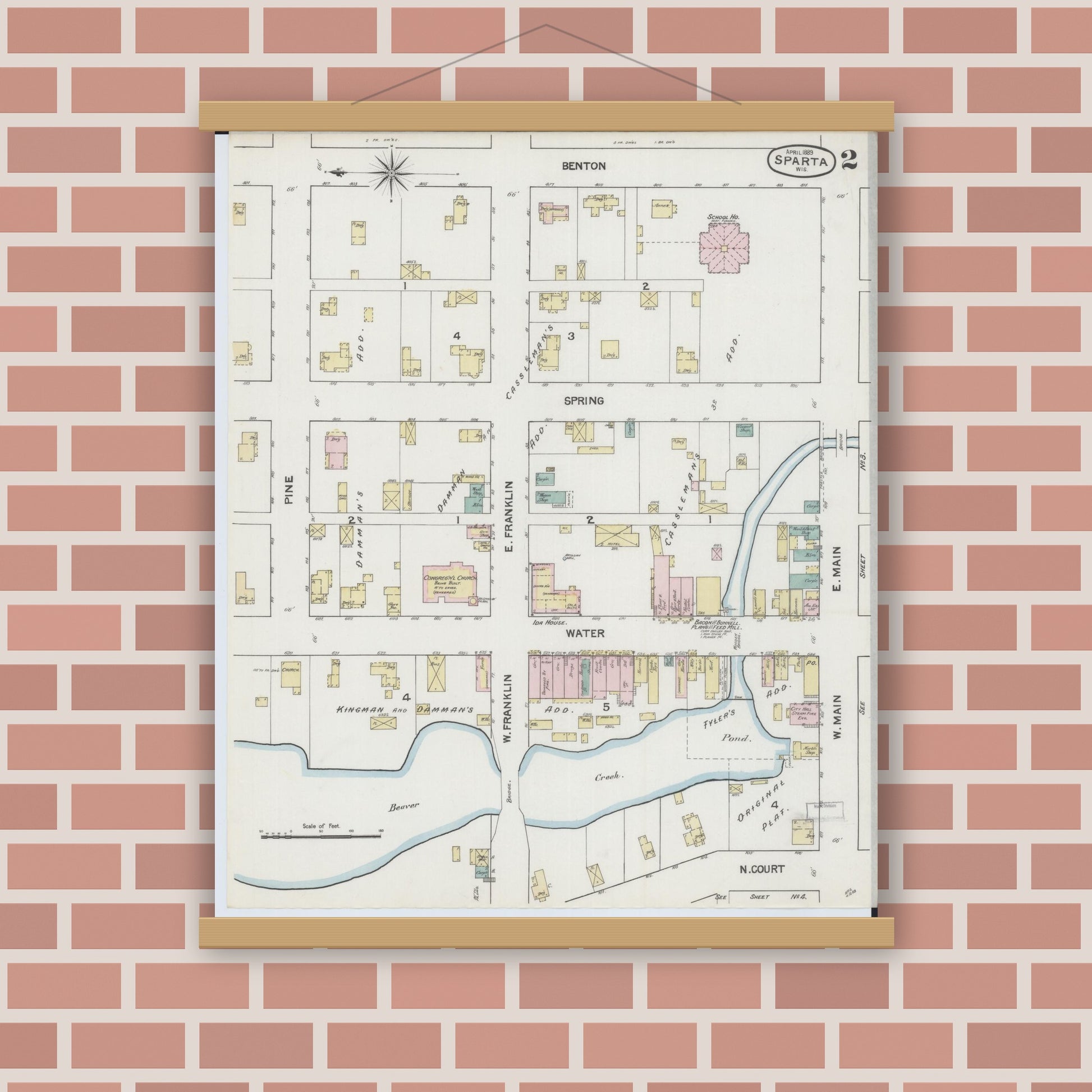Old map wall art mockup — magnetic wood frame on brick wall — Sanborn Fire Insurance Map from Sparta, Monroe County, Wisconsin (1889), Sheet #0002