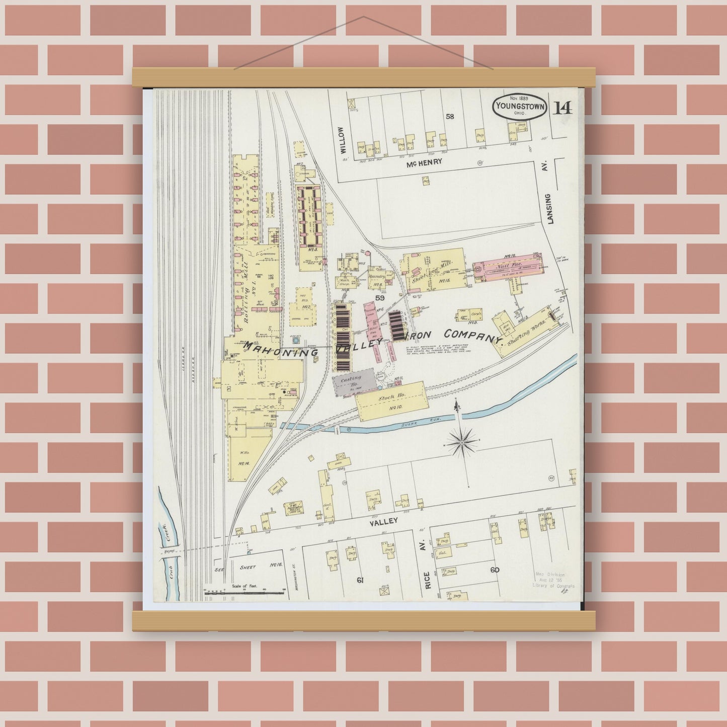 Old map wall art mockup — magnetic wood frame on brick wall — Sanborn Fire Insurance Map from Youngstown, Mahoning County, Ohio (1889), Sheet #0014