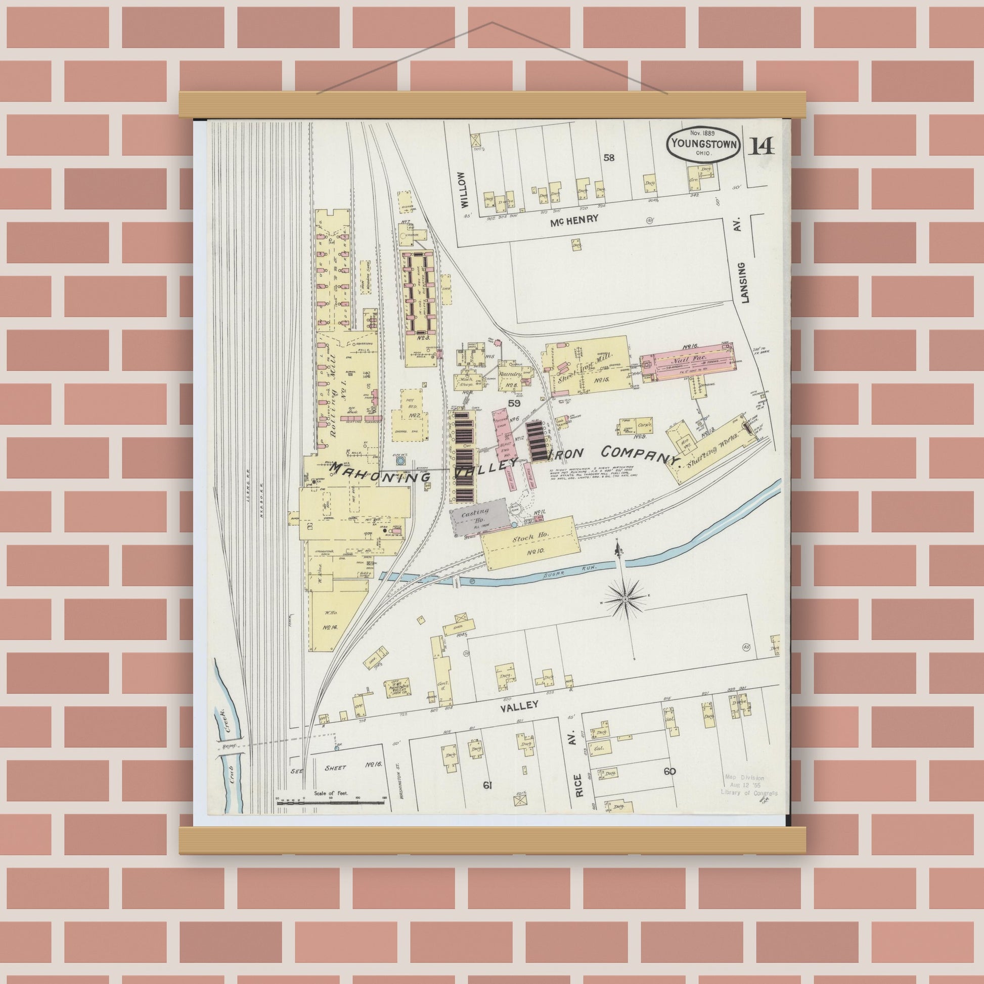 Old map wall art mockup — magnetic wood frame on brick wall — Sanborn Fire Insurance Map from Youngstown, Mahoning County, Ohio (1889), Sheet #0014