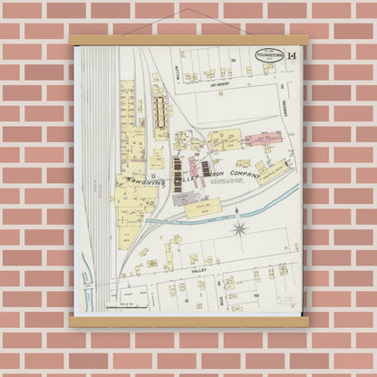 Old map wall art mockup — magnetic wood frame on brick wall — Sanborn Fire Insurance Map from Youngstown, Mahoning County, Ohio (1889), Sheet #0014