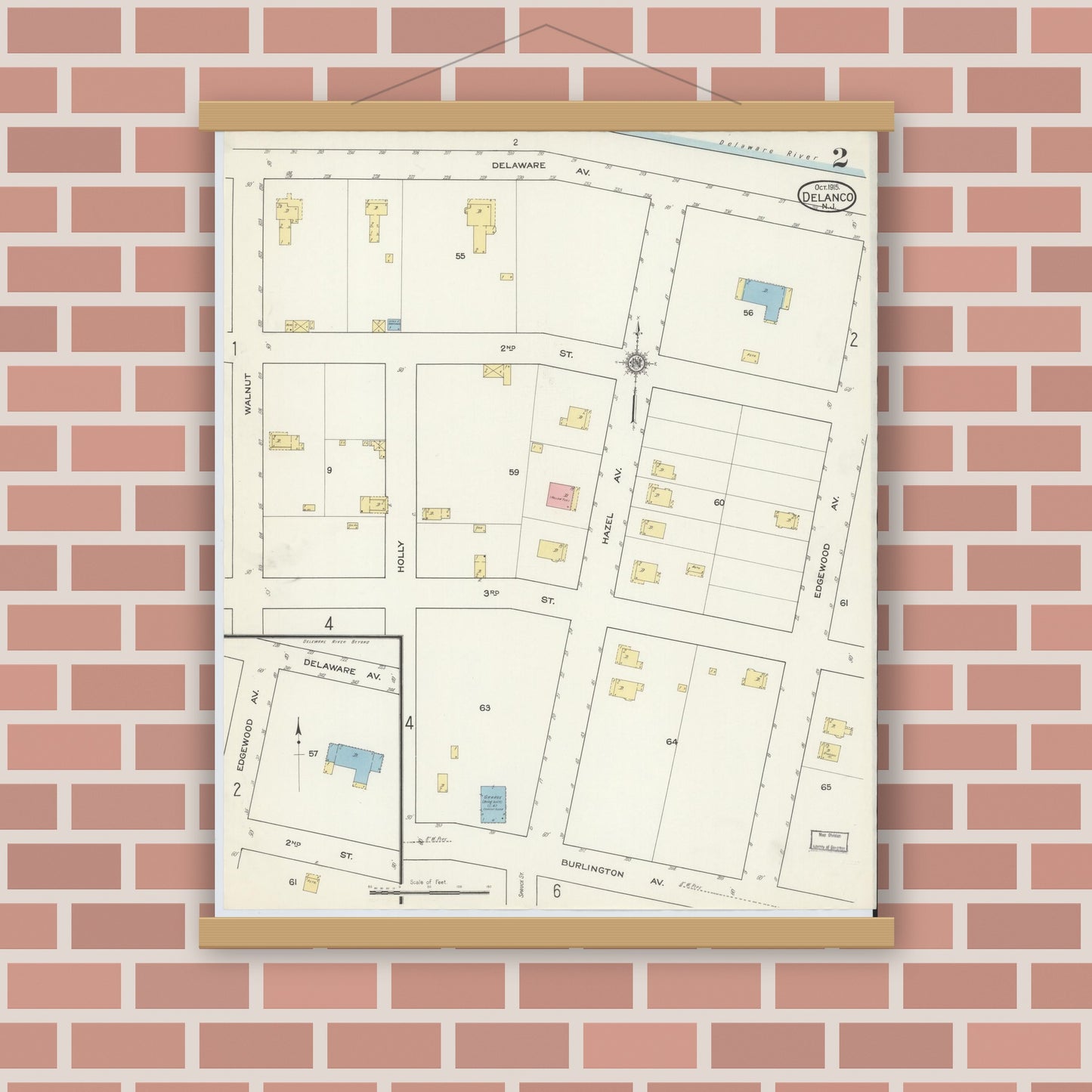 Old map wall art mockup — magnetic wood frame on brick wall — Sanborn Fire Insurance Map from Delanco, Burlington County, New Jersey (1915), Sheet #0002