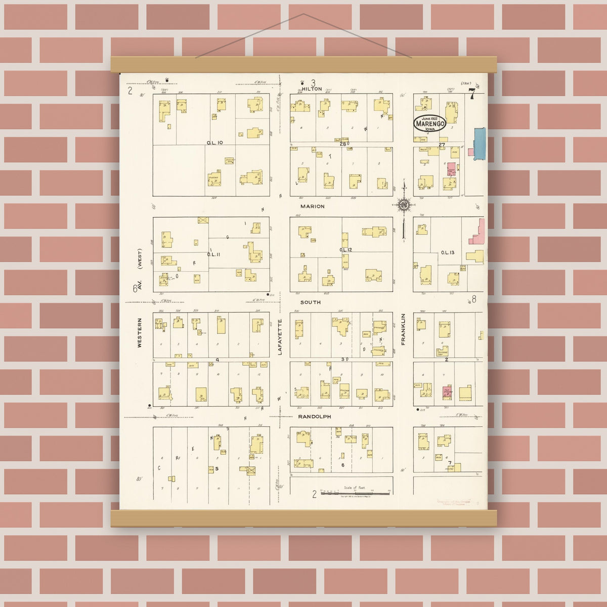 Old map wall art mockup — magnetic wood frame on brick wall — Sanborn Fire Insurance Map from Marengo, Iowa County, Iowa (1922), Sheet #0007