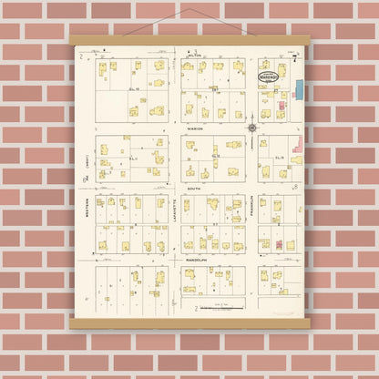 Old map wall art mockup — magnetic wood frame on brick wall — Sanborn Fire Insurance Map from Marengo, Iowa County, Iowa (1922), Sheet #0007