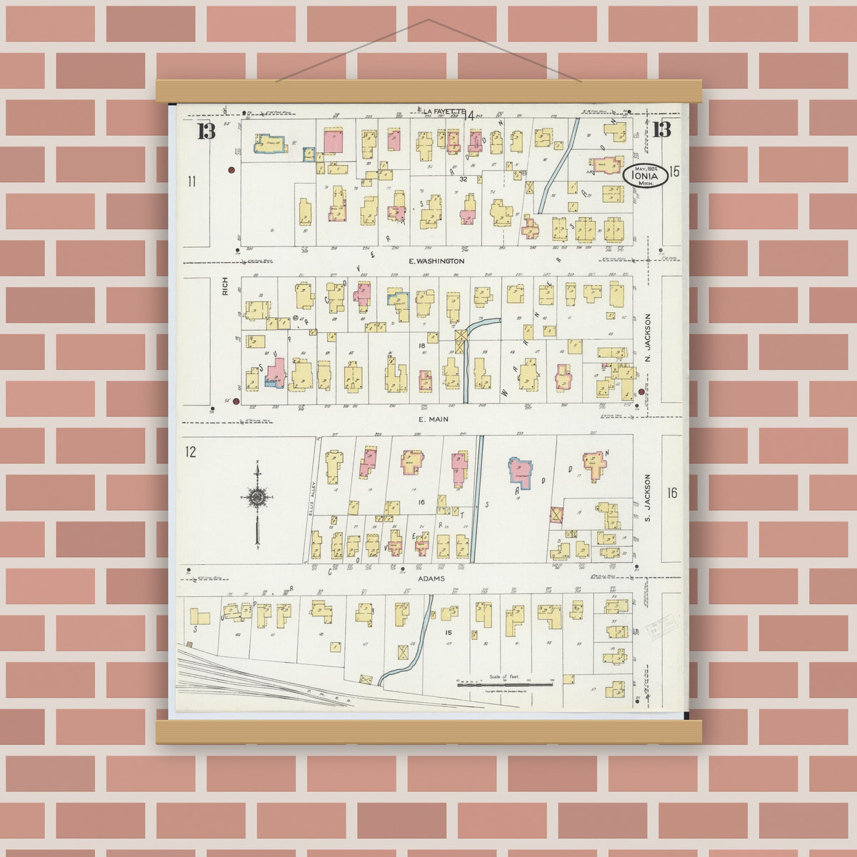 Old map wall art mockup — magnetic wood frame on brick wall — Sanborn Fire Insurance Map from Ionia, Ionia County, Michigan (1924), Sheet #0013