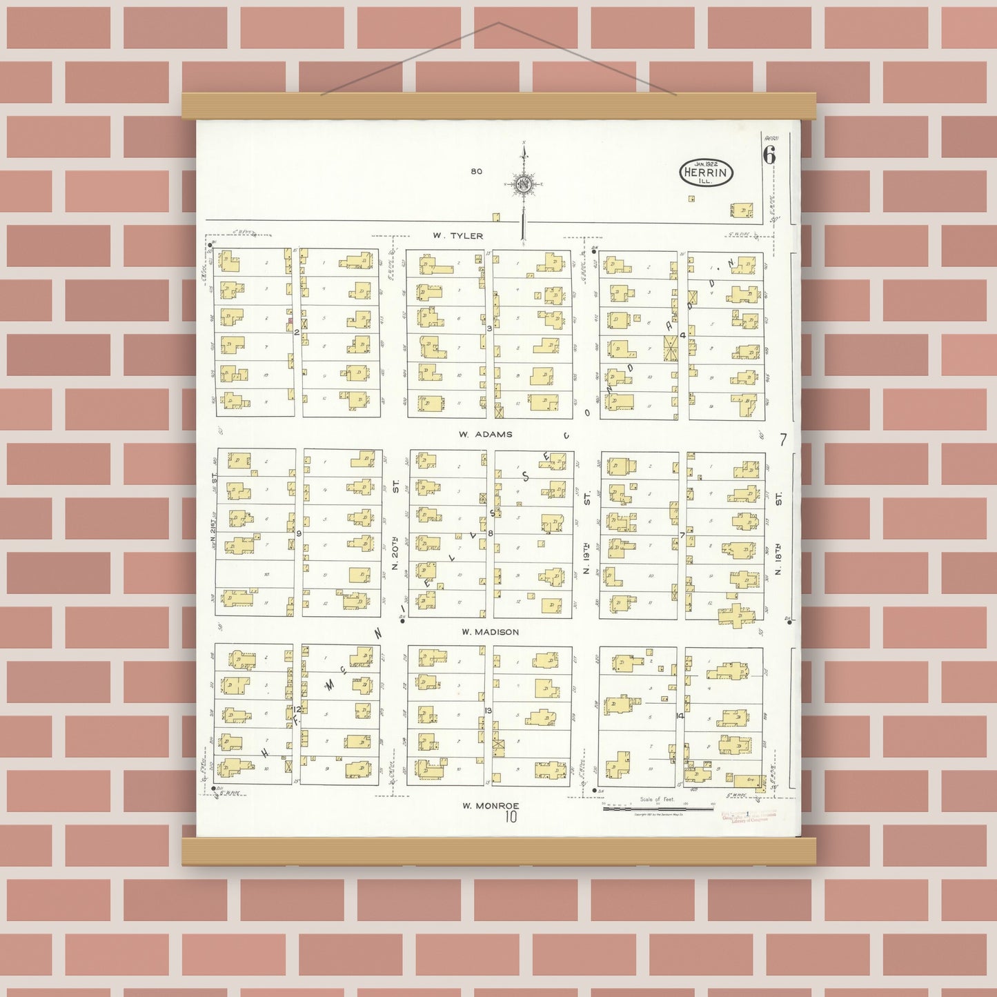 Old map wall art mockup — magnetic wood frame on brick wall — Sanborn Fire Insurance Map from Herrin, Williamson County, Illinois (1922), Sheet #0006