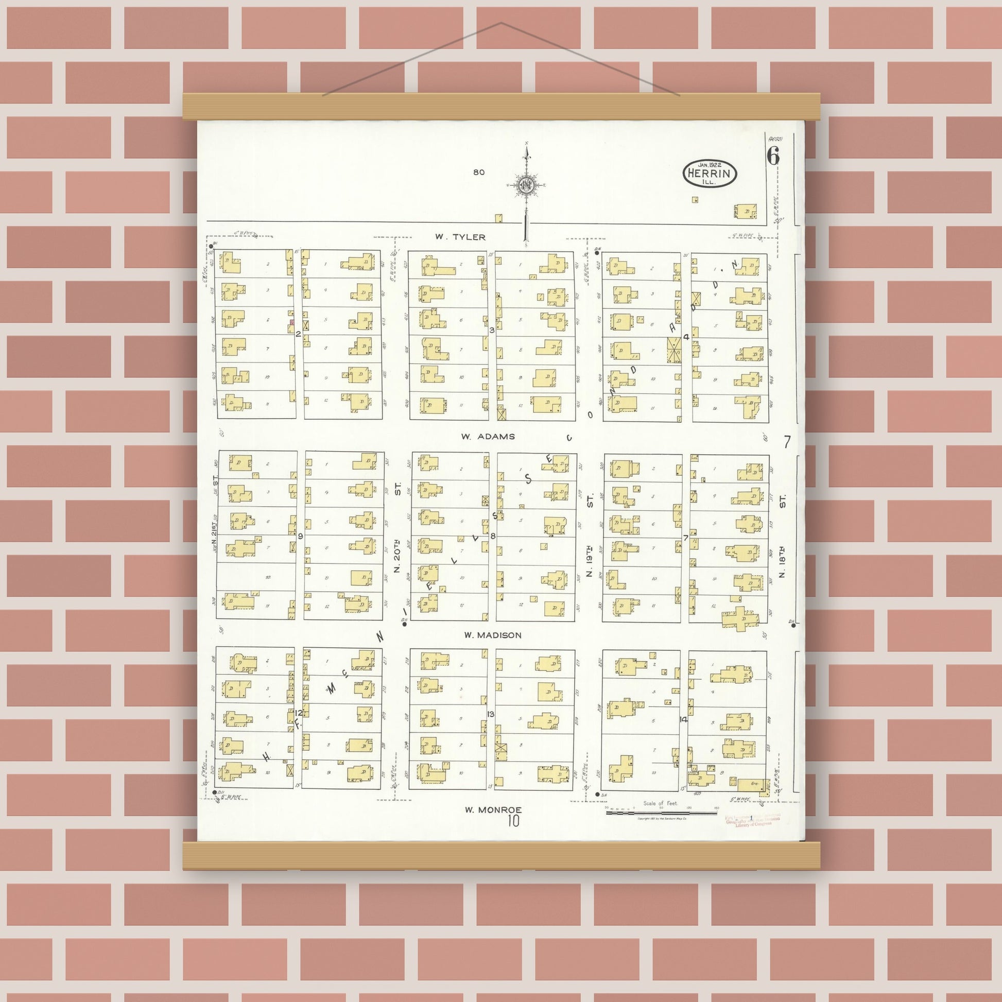 Old map wall art mockup — magnetic wood frame on brick wall — Sanborn Fire Insurance Map from Herrin, Williamson County, Illinois (1922), Sheet #0006
