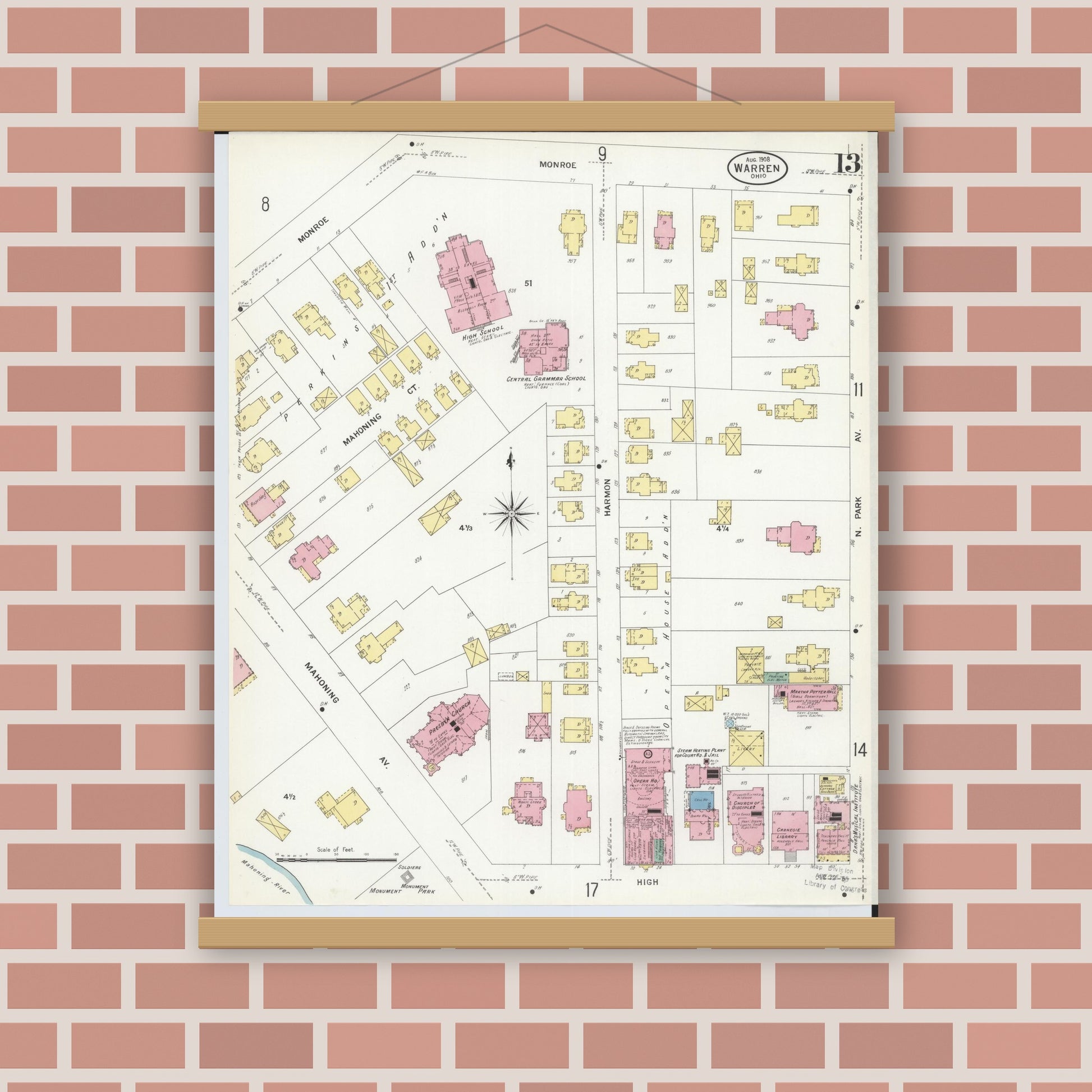 Old map wall art mockup — magnetic wood frame on brick wall — Sanborn Fire Insurance Map from Warren, Trumbull County, Ohio (1908), Sheet #0013