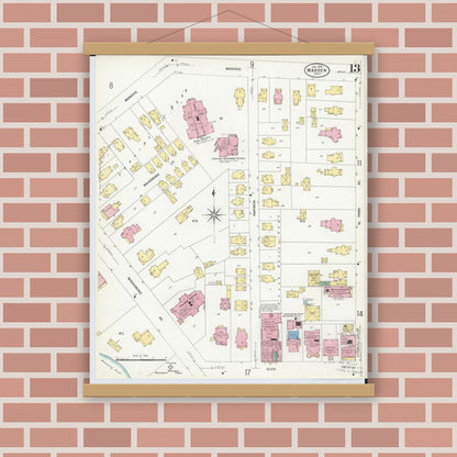 Old map wall art mockup — magnetic wood frame on brick wall — Sanborn Fire Insurance Map from Warren, Trumbull County, Ohio (1908), Sheet #0013