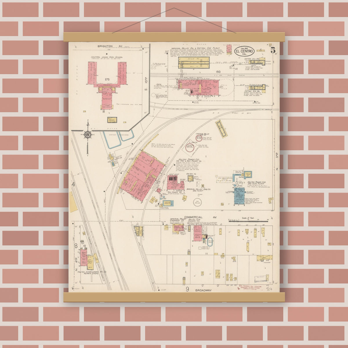 Old map wall art mockup — magnetic wood frame on brick wall — Sanborn Fire Insurance Map from El Centro, Imperial County, California (1914), Sheet #0005