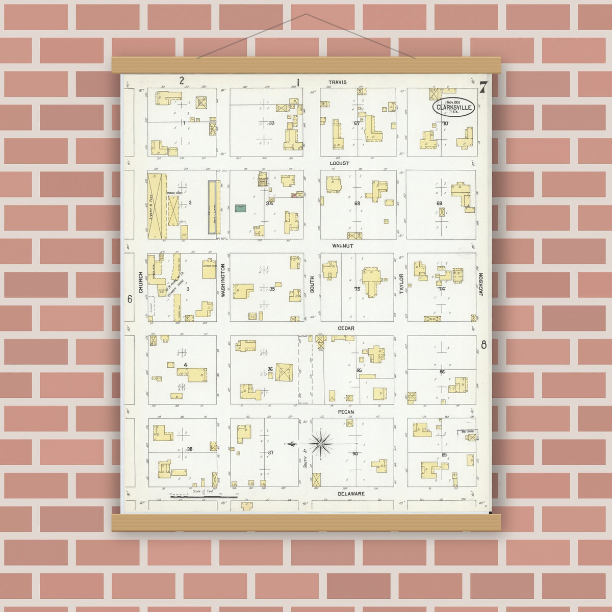 Old map wall art mockup — magnetic wood frame on brick wall — Sanborn Fire Insurance Map from Clarksville, Red River County, Texas (1901), Sheet #0007