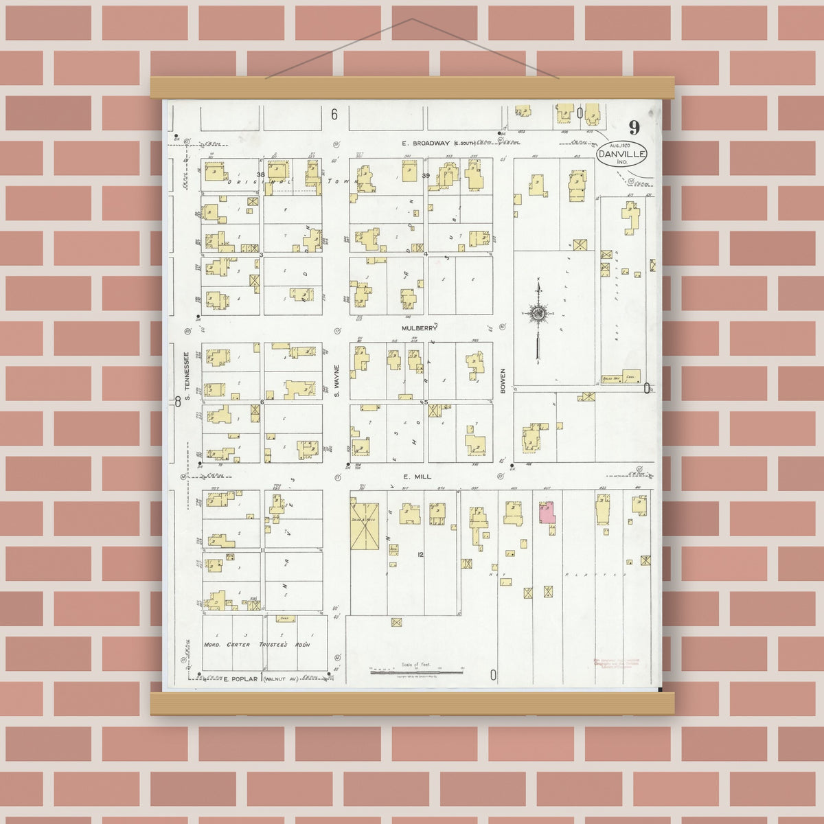 Old map wall art mockup — magnetic wood frame on brick wall — Sanborn Fire Insurance Map from Danville, Hendricks County, Indiana (1920), Sheet #0009