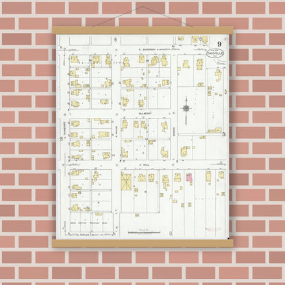 Old map wall art mockup — magnetic wood frame on brick wall — Sanborn Fire Insurance Map from Danville, Hendricks County, Indiana (1920), Sheet #0009