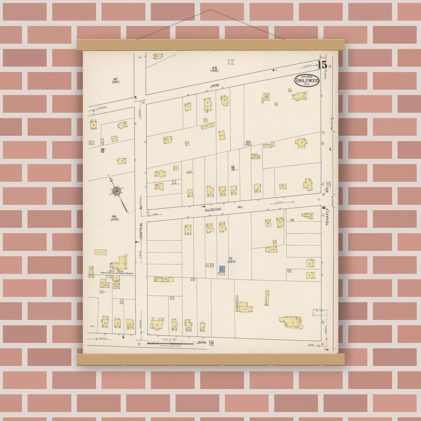 Old map wall art mockup — magnetic wood frame on brick wall — Sanborn Fire Insurance Map from Englewood, Bergen County, New Jersey (1922), Sheet #0015