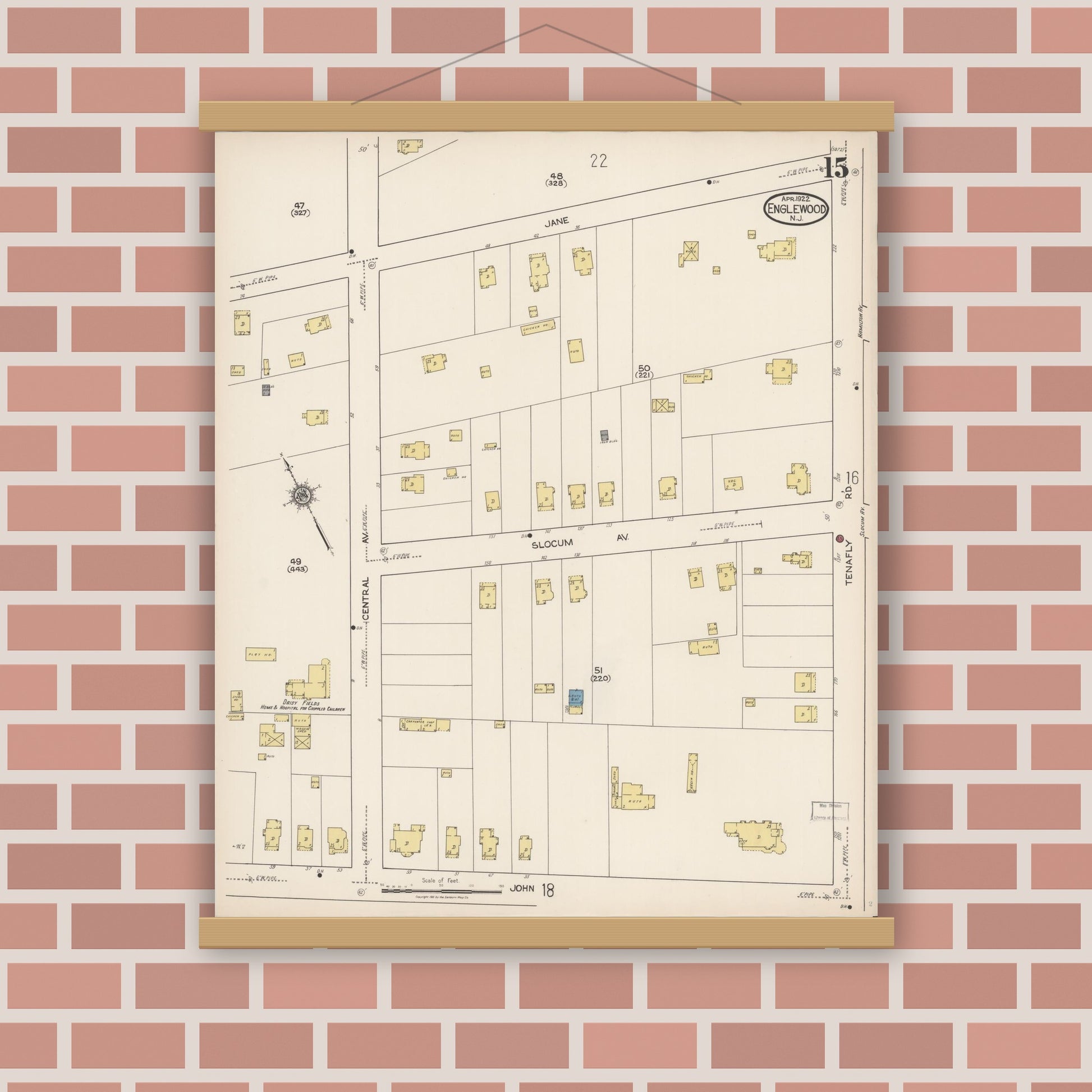 Old map wall art mockup — magnetic wood frame on brick wall — Sanborn Fire Insurance Map from Englewood, Bergen County, New Jersey (1922), Sheet #0015