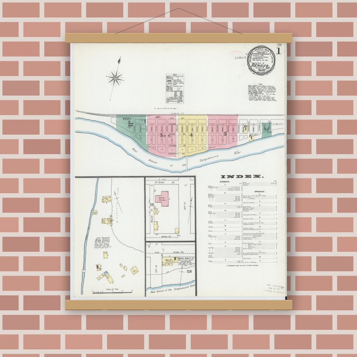 Old map wall art mockup — magnetic wood frame on brick wall — Sanborn Fire Insurance Map from Renovo, Clinton County, Pennsylvania (1892) - Complete Map Set